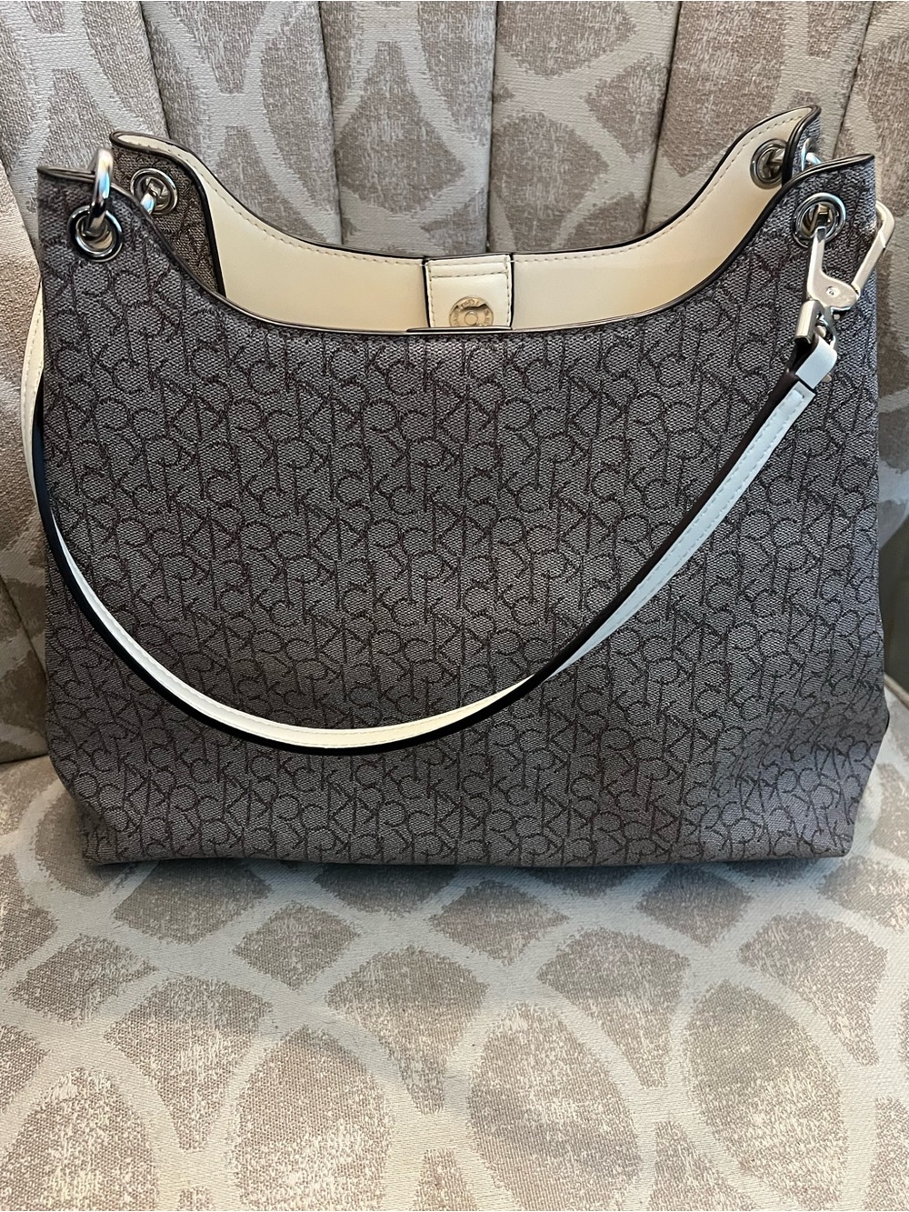Calvin Klein Brown Monogram Shoulder Bag with Cream Trim